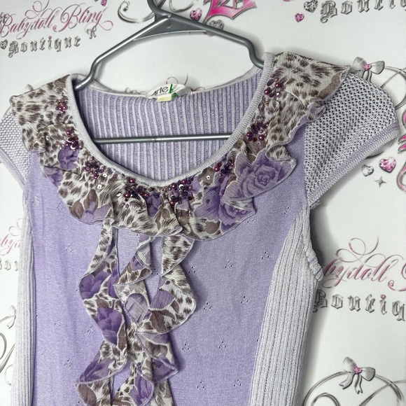 Arte shirt purple cheetah print beaded embroidery ruffle frills stretchy y2k - Picture 8 of 12